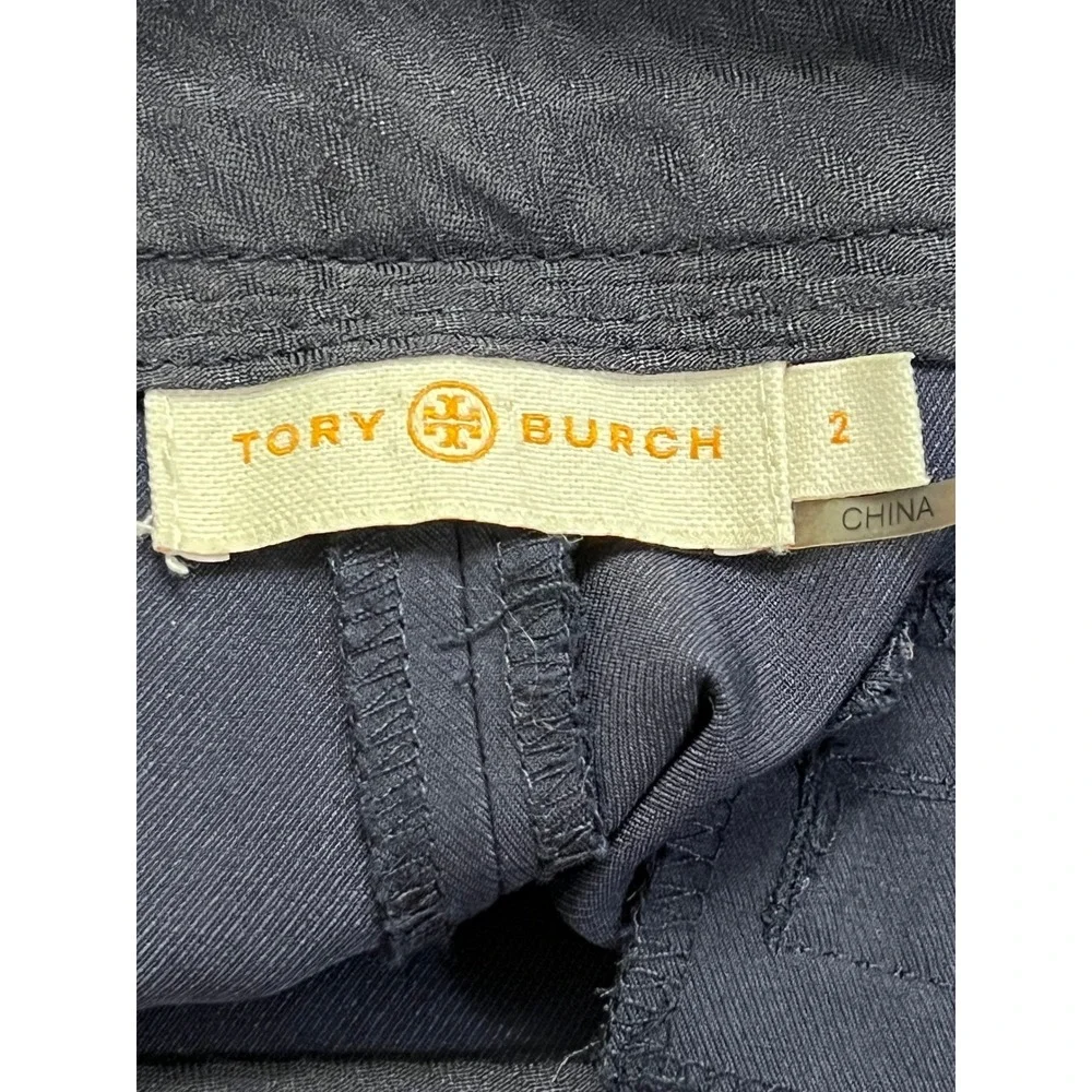 Tory Burch Trousers Pants‎ Women 2 Navy Blue Side Zip Gold Logo Stretch Preppy